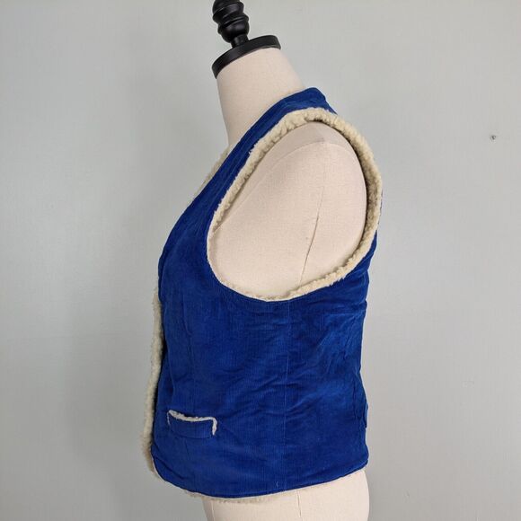 Vintage Corduroy Vest Sherpa Shearling Snap Western Boho 70s 80s Blue Cream L - Picture 5 of 13